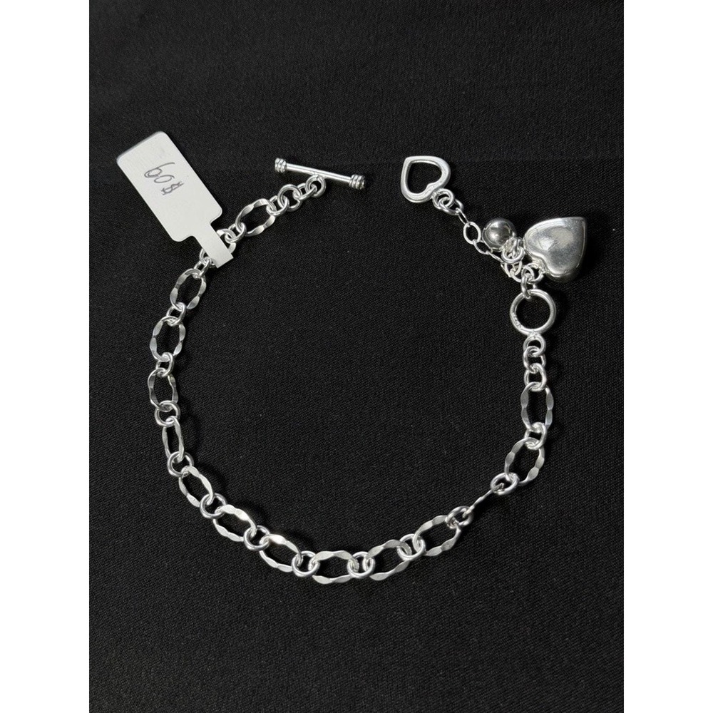 Sterling Silver Heart Charm Toggle Bracelet 925 Textured Link Chain 8.5 Inch